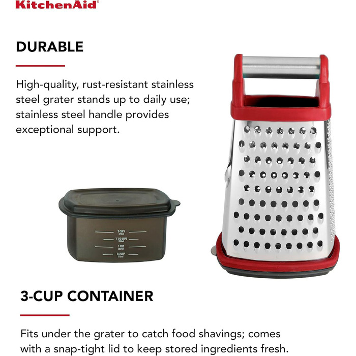 KitchenAid KN300OSERA Gourmet 4-Sided Stainless Steel Box Grater for Fine, Medium, and Coarse Shreds and Slices, Removable 3-Cup Storage Container and Measuring Marks, Dishwasher Safe, Empire