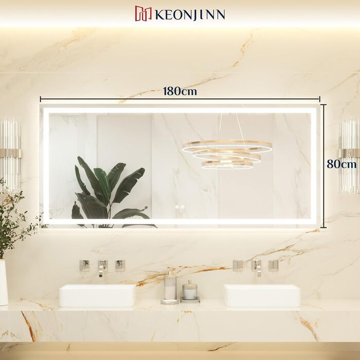 Дзеркало для ванної кімнати Keonjinn з підсвічуванням, чорний металевий каркас 60x80 см, LED, антизапар, сенсорне керування, 3 кольори світла, регулювання яскравості, пам'ять, настінне дзеркало