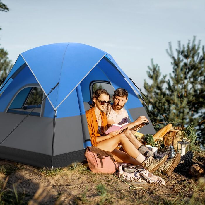 Намет HOMASIS Campingzelt для 2-3 осіб, водонепроникний, блакитно-чорний. З вікнами, тентом, кілками та відтяжками. Для кемпінгу, трекінгу, хайкінгу.