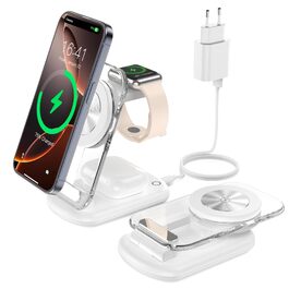 Бездротова зарядна станція 3 в 1 MagSafe для iPhone 16/15/14/13, Apple Watch та AirPods, складана з регулюванням кута та атмосферним підсвічуванням (Перламутовий білий)