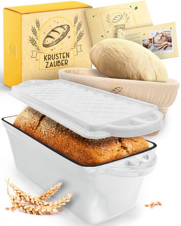 Форма для випічки хліба Krustenzauber емальована з кришкою та кошиком для бродіння, 28 см - чавунна форма для кексів, тостів та хліба, біла