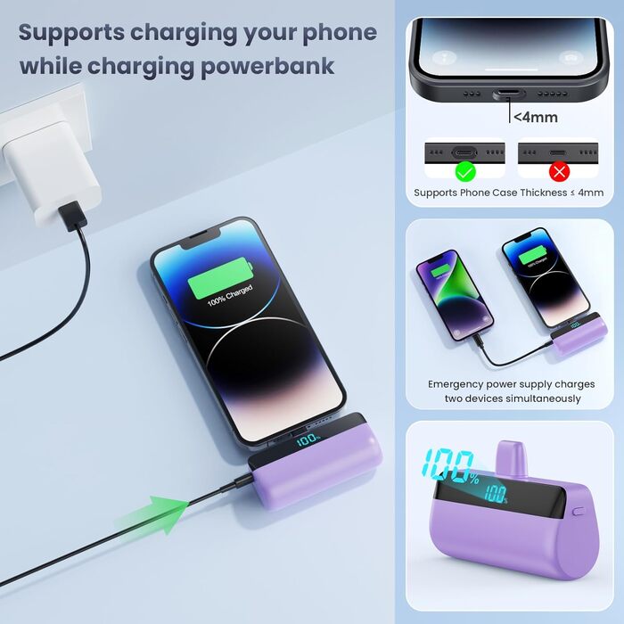 Power Bank Feob Mini 5200mAh 20W PD, фіолетовий. Швидка зарядка, LED-дисплей, сумісний з iPhone 14/13/12/11/XS/XR/8/7/6