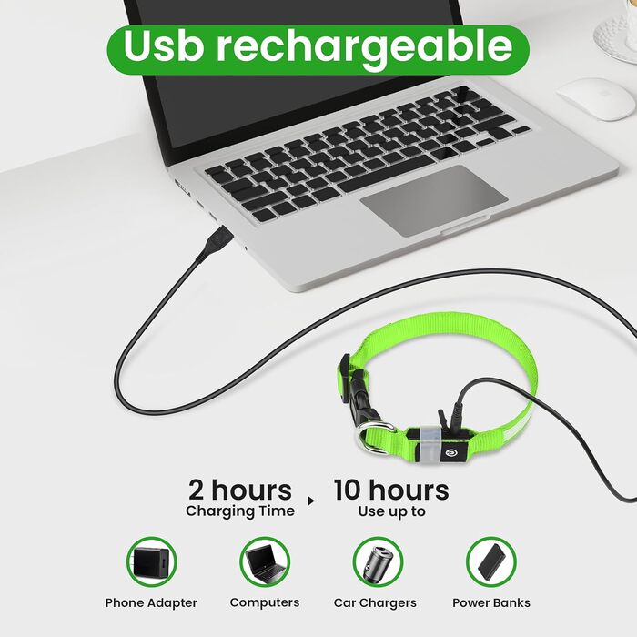 Світловідбиваючий нашийник для собак MABRILL з LED підсвічуванням, водонепроникний, регульований, 3 режими світла, зелений (L)