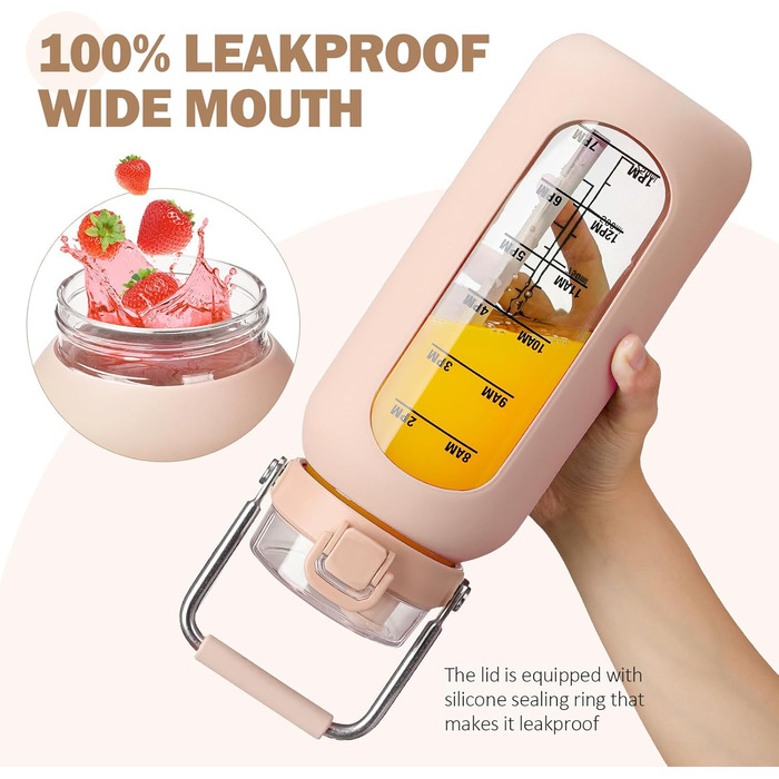 BLUEGO 2000ml Glass Water Bottle with Stainless Steel Handle and Time Marker 2L Motivation Glass Dryer with Silicone Sleeve and Straw for Gym, Office, Outdoors, Sports Water Bottles BPA-Free, (Amber)