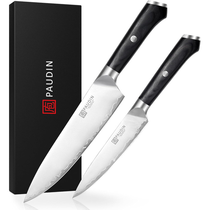 Набір кухонних ножів PAUDIN: кухонний ніж, сантоку, універсальний, овочевий - професійні, гострі, з нержавіючої сталі 10Cr15CoMoV (62 HRC), з ергономічною дерев'яною ручкою (2 ножі)