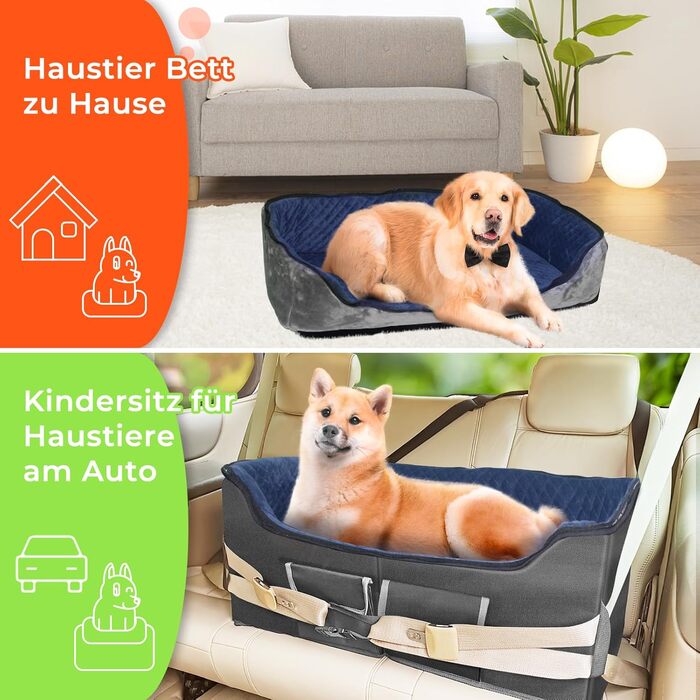 Stable Multi-Pet Car Seat with Safety Belt - Elevated Dog Basket for Medium Dogs, Washable & Reinforced - Royal Blue, Large