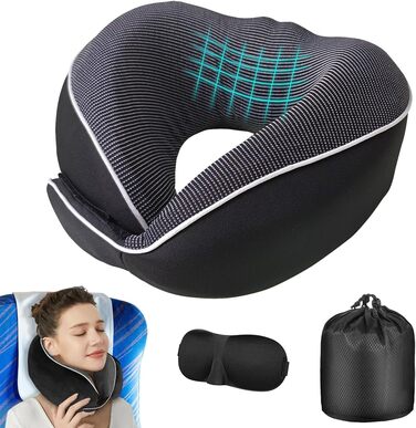 Подушка для шиї у літак, автобус, поїзд: компактна, з memory foam, ергономічна, з чохлом, для комфортного сну