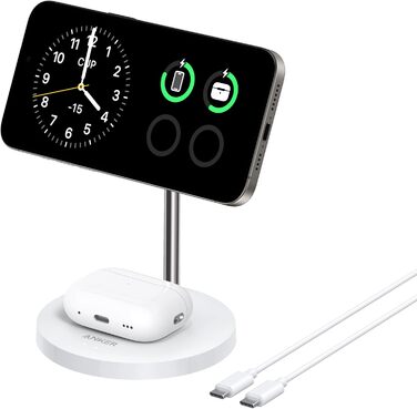 Anker MagGo 15W Magsafe зарядний пристрій: 2-в-1 індукційна станція, Qi2 бездротовий заряд для iPhone 16/15/14/13/12, AirPods Pro, з USB-C кабелем 1.5м, без адаптера живлення