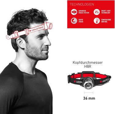 Налобний ліхтар Ledlenser H8R, 600 люмен, LED, акумуляторний, до 120 годин, червоне світло, у коробці