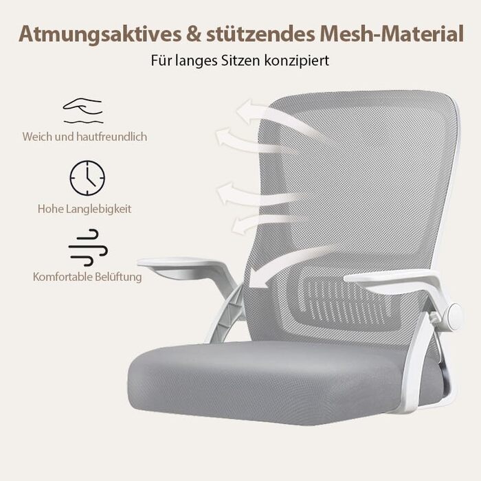 Ергономічне крісло для офісу з сітчастою спинкою, регульованими підлокітниками та підтримкою попереку - для комп'ютера, Home Office (Medium, Сірий)