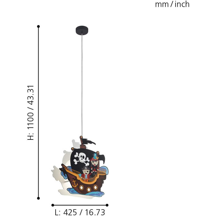 EGLO SAN CARLO Pendant Light for Kids, Children's Lamp with Pirate Motif, Decoration for Boys and Girls, Colorful Pendant Light for Children's Rooms, Pirate Ship Lamp, Steel, 28 W, white