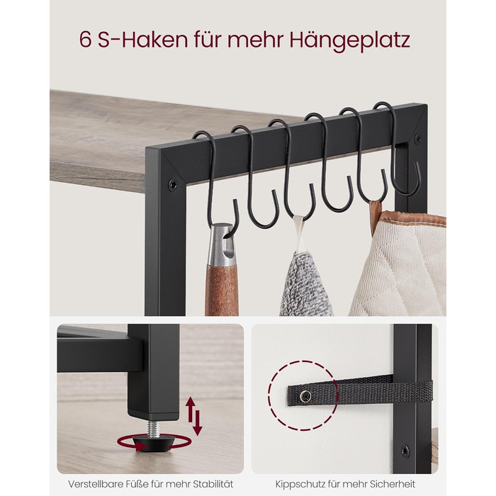 Стелаж кухонний VASAGLE з 2 металевими кошиками, бакалійний стелаж з гачками та полицями, для мікрохвильової печі, 35 x 80 x 93,5 см, золотий дуб + чорний