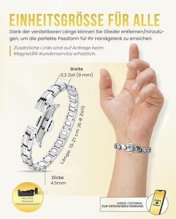 Браслет на руку MagnetRX® Ultrastarkes Titan Magnetarmband для жінок – титановий браслет з магнітами, регульована довжина, інструмент для визначення розміру, сріблястий (5x Strength)