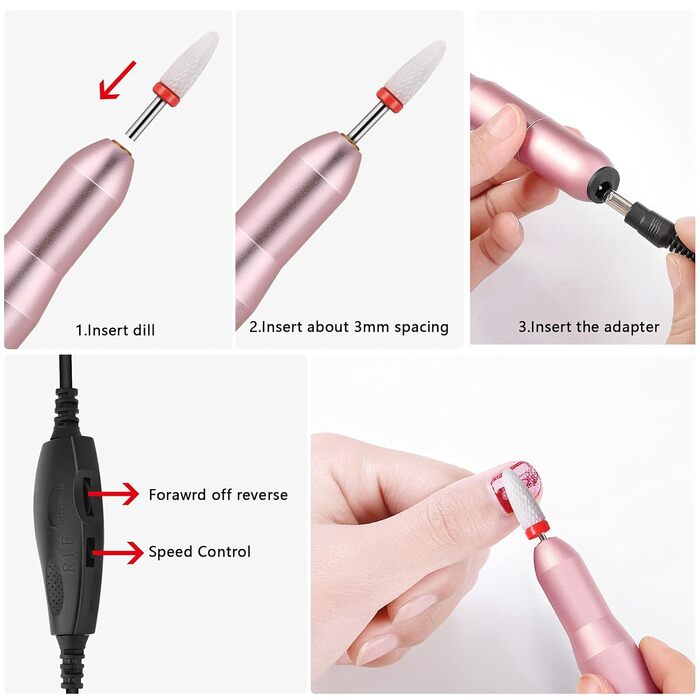 Електрична нігтьова пилка для гелю та нігтів: професійний набір для манікюру та педикюру Rose з USB, 20000 об/хв, регульована швидкість