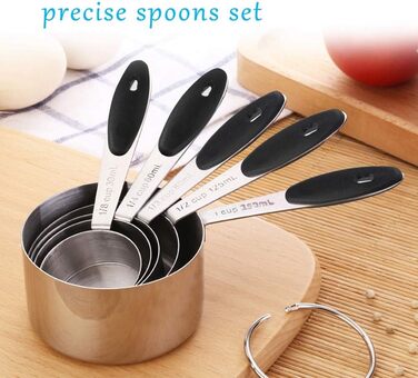 Stainless steel measuring cups and spoons, 10-piece set with storage rings, nesting teaspoons for measuring dry and liquid ingredients. Spoons