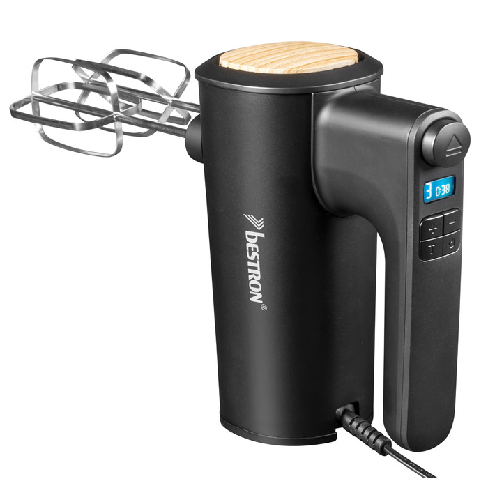 Міксер ручний Bestron Power з 6 швидкостями, Turbo-функцією та LCD-дисплеєм. В комплекті: 2 вінчики та 2 гаки для тіста. Легкий (1 кг), колір: чорний/дерево