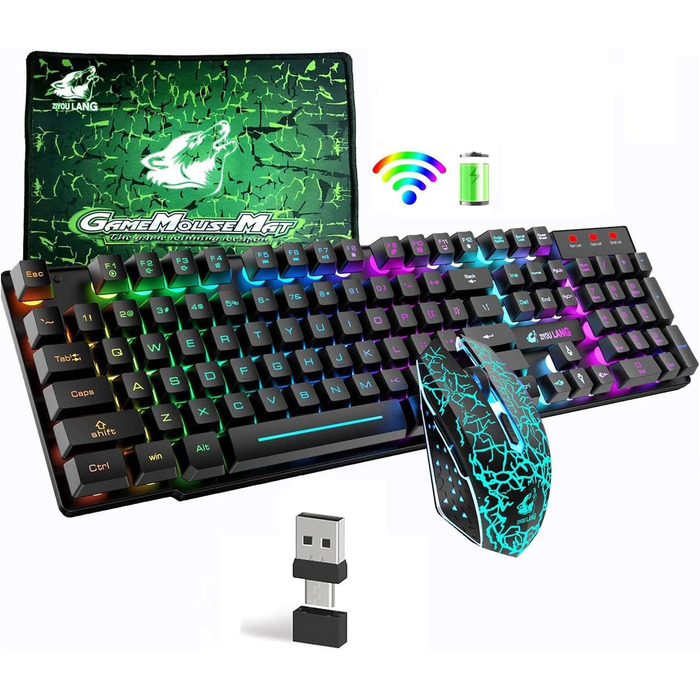 Бездротова клавіатура з підсвічуванням RGB, 2.4G, перезарядна, механічна, 104 клавіші + Миша RGB 2400 DPI, 6 кнопок + Килимок для миші Чорний