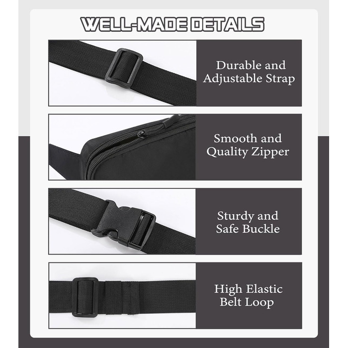 Спортивна поясна сумка MoKo для бігу, подорожей та активного відпочинку. Чорна сумка на пояс з регульованим ремінцем та блискавкою. Підходить для жінок та чоловіків.