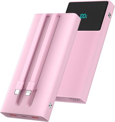 Портативний зарядний пристрій Power Bank 13000mAh з 2 вбудованими кабелями, LED-дисплеєм, рожевий