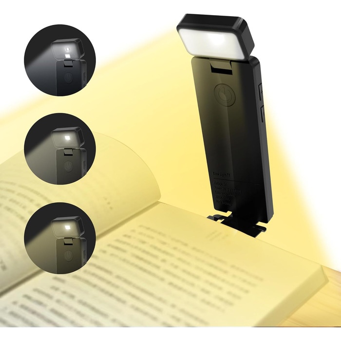 Клема-лампа для читання, акумуляторна, 3 режими температури кольору, USB, гнучка 360°, для книг, ідеальна для читачів та дітей (#6 Чорний)