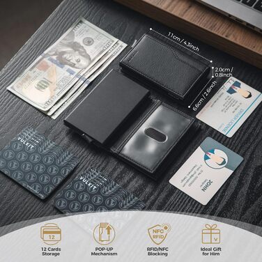 Кредитне портмоне VULKIT з вікном для ID, RFID-захист, автоматичний висувний механізм, шкіряне, чорне