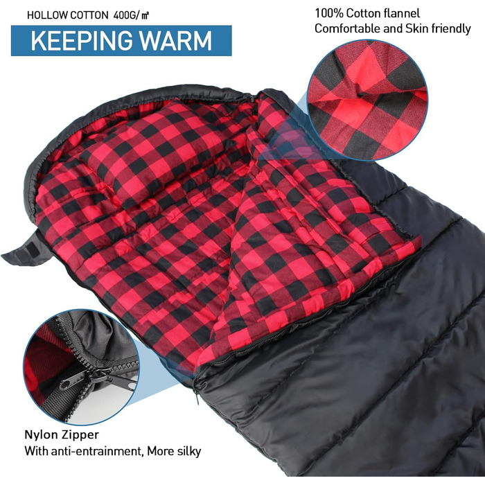 Сплячий мішок Keencamp Flanell Outdoor: теплий, бавовняний, для 3-4 сезонів, до -1°C, XXL, 230x90 см, чорний, для дорослих