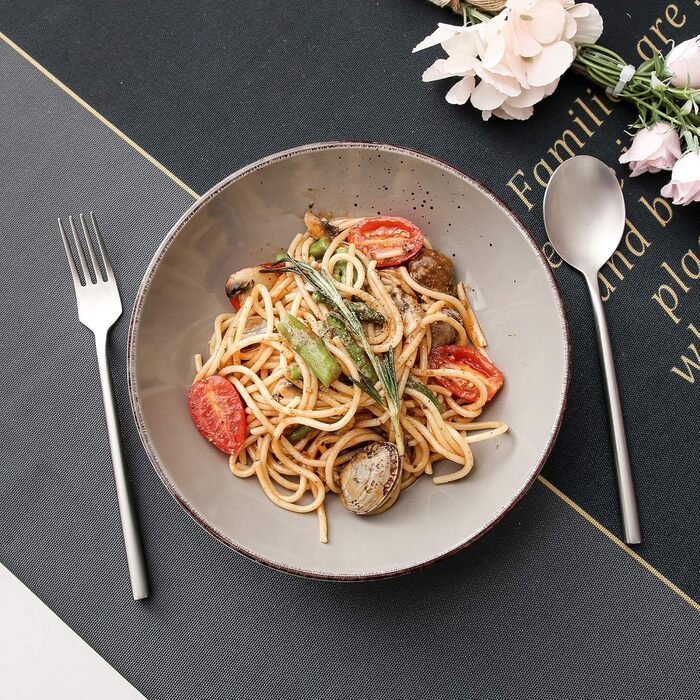 Набір посуду Vancasso NAVIA, 16 предметів, кераміка, для 4 осіб, розпис, тарілки, миски, чашки, помаранчевий (8 предметів, сірий)