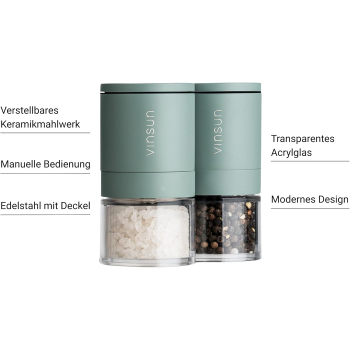Набір з 2 мельниць для солі та перцю Vinsun - ручні, з регульованим керамічним жорном, нержавіюча сталь, ø51x100mm