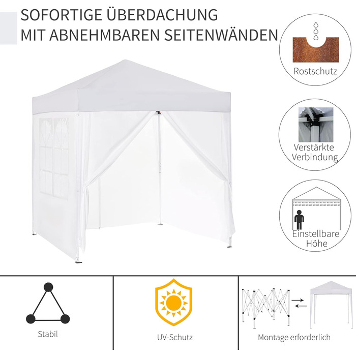 Outsunny 2x2m (6.6ft x 6.6ft) Waterproof Pavilion, Pop-up Folding Canopy with 4 Side Walls, Drain Holes Windows, Foldable Party Tent UV 30+, Garden Tent with Carry Bag, Garden Pavilion for Patio, White