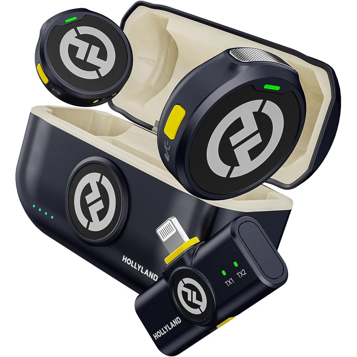 Hollyland Lark M2 бездротовий петличний мікрофон для iPhone 14 та старіших моделей, 300м радіус дії, Hi-Fi звук, шумозаглушення, 30 годин роботи, міні-мікрофон для Vlogging (2TX + Lightning RX + зарядний кейс) Lightning (2TX+1RX) Чорний