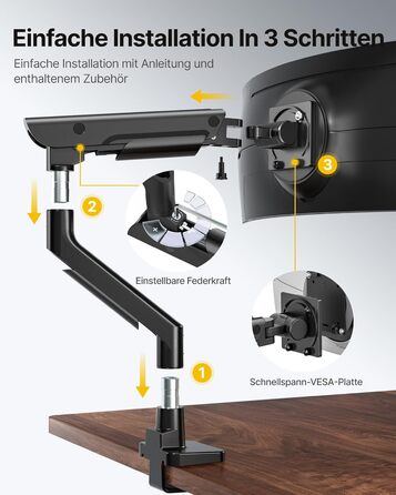 Кронштейн для монітора monTEK для Ultrawide-екранів 17–57 дюймів до 27 кг, алюмінієвий пневматичний підйомник, регулювання висоти, VESA 75x75/100x100, USB 3.0, чорний