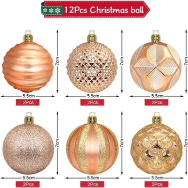 Новорічні кулі для ялинки, пластик, 6 см, набір 12 шт. (рожево-золотий)