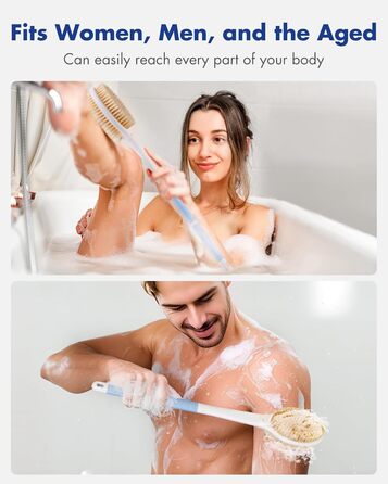 Щітка для душу з ручкою: скрабер для тіла з жорстким та м'яким ворсом, 46 см (блакитна)