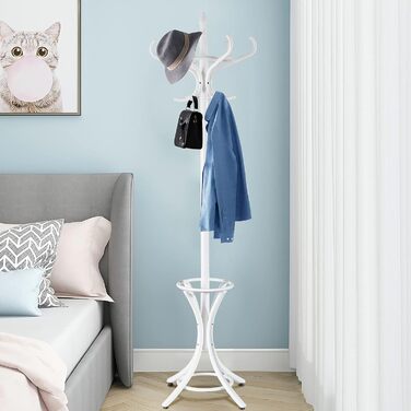 GIANTEX Coat Rack with Umbrella Stand, Clothes Rack Wood with 12 Clothes Hooks, Wooden Coat Tree Freestanding, Standing Coat Rack for Entryway Living Room (white)