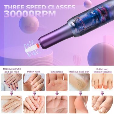 Електричний нагрівач для гелевих нігтів (манікюр/педикюр) з LCD-дисплеєм, 30000 об/хв, 3 швидкості, USB, сірий/фіолетовий