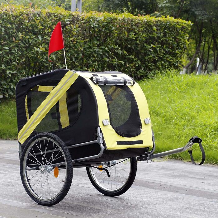 Причіп для собак Wiltec 220x700x78 см з безпечною муфтою, причіп для вантажів з москітною сіткою та захистом від дощу (чорний / жовтий)