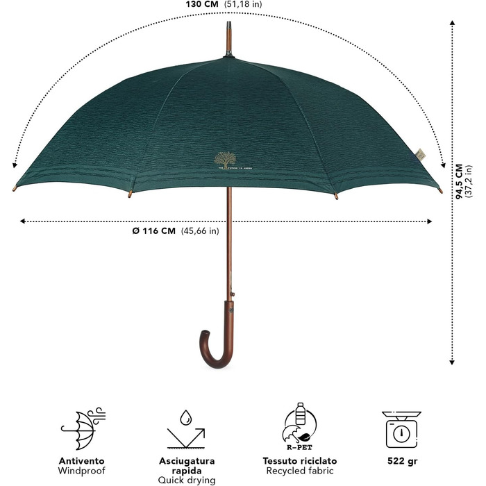 Perletti Green Eco-Friendly Women's Umbrella - Large Automatic Rain Umbrella with Recycled Materials & Floral Design (102cm Diameter)
