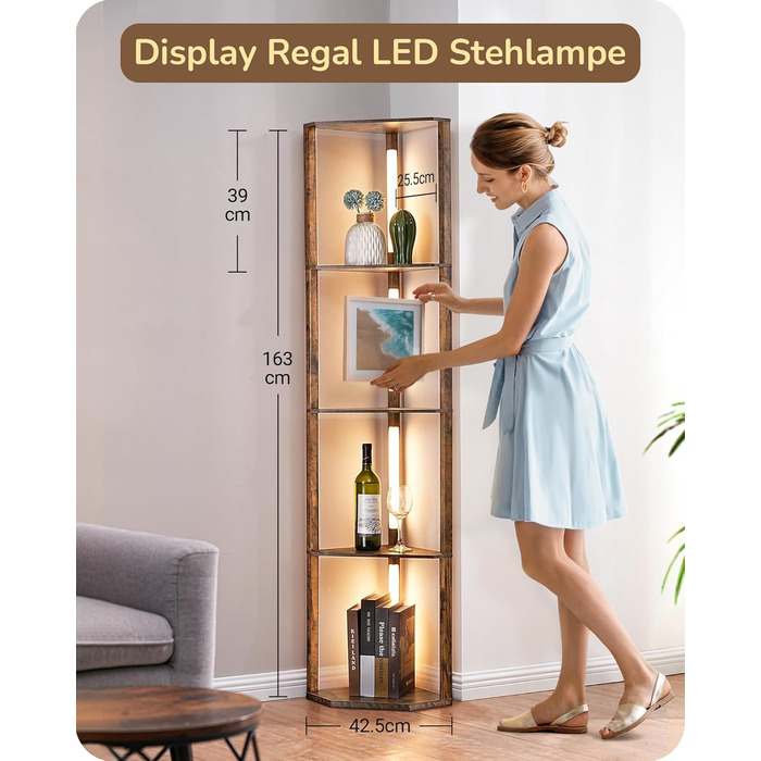 LED торшер EDISHINE з 4 дерев'яними полицями, регульоване освітлення, 3 колірні температури, поворотний світловий стержень, підсвічування полиць, футовий вимикач, вінтажний коричневий