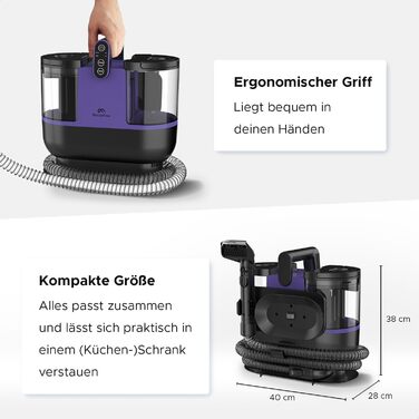 Теперішній мийний пилосос Motionflow з нагрівом - 1200W для килимів, меблів, авто. 4 насадки, самоочищення, 15с нагрів. Чорний