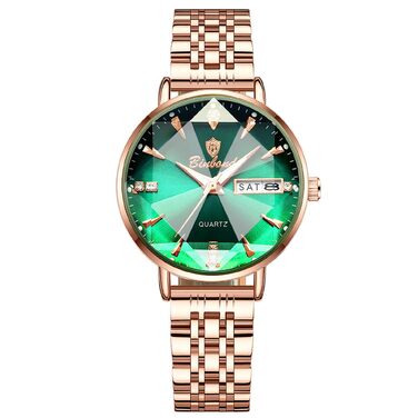 Жіночий наручний годинник JewelryWe Rosegold: кварцовий аналоговий годинник зі сталі, водонепроникний (30м), з календарем, підсвічуванням стрілок та граненим склом, колір Rosegold-Зелений
