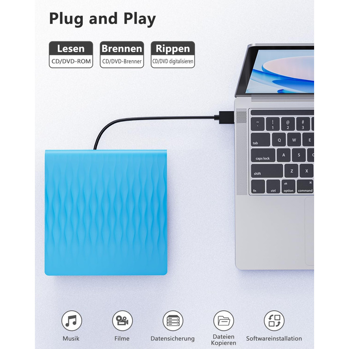 Зовнішній DVD CD привід DANGZW USB 3.0 Type-C, портативний DVD-брунер та плеєр для ноутбука та ПК (Windows, MacOS, Linux), синій