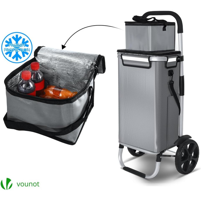 Складний алюмінієвий візок для покупок VOUNOT 50 л, водонепроникна сумка з термовідділенням, 2 великі колеса з захистом, для сходів, сірий