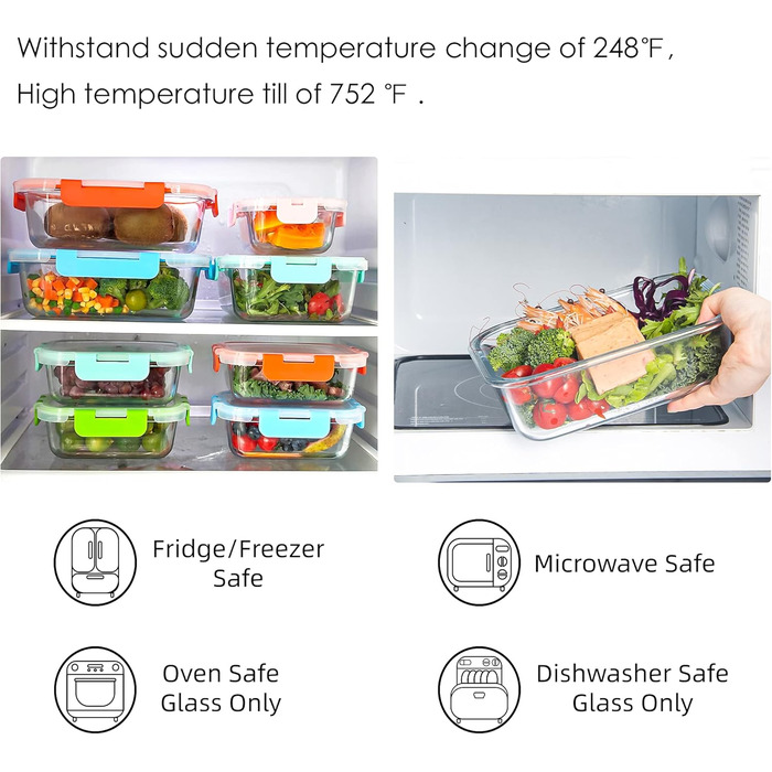 Набір з 10 скляних контейнерів для зберігання продуктів, з кришкою, BPA-Free, підходить для мікрохвильової печі, морозильника та посудомийної машини, різнокольорові
