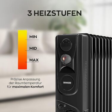 Електричний масляний радіатор Heinrich з 13 ребрами, 2500W, з вентилятором, терморегулятором, захистом від перегріву та нахилу, чорний