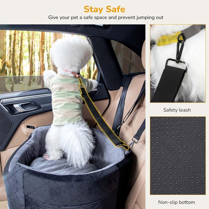 Dog Car Seat Backrest, Middle Seat, Less than 70 cm, Dog Bed for Car Back Seat with Thick Padding for Pet Travel, Waterproof and Washable, Dog Car Seat Backrest with 2 Safety Leashes (M, Black + Gray)