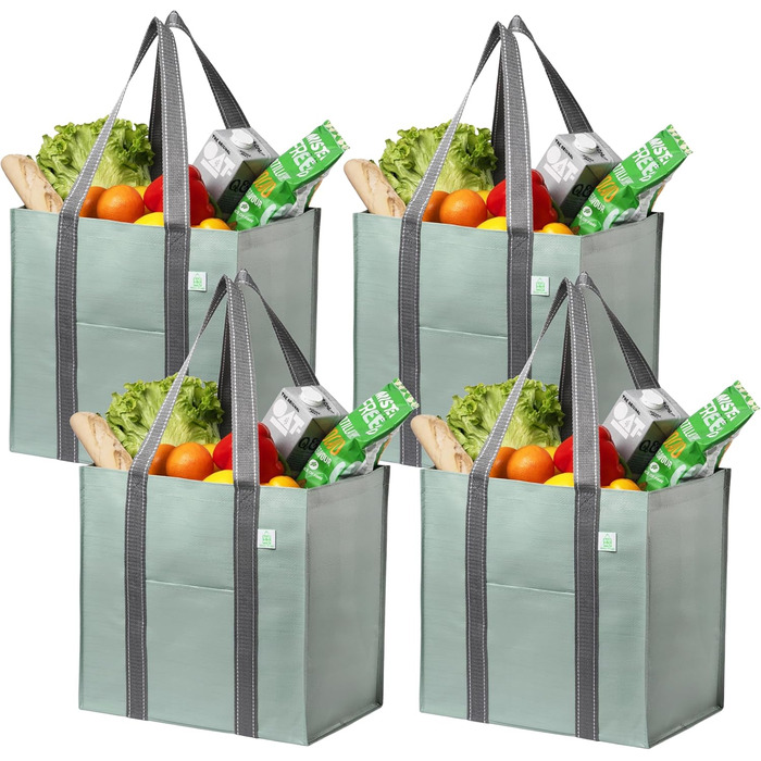 VENO 34 Liter Large Shopping Bag Foldable with Sturdy Bottom and Front Pocket, Reusable Shopping Bags Water-Repellent Tote Bag Shopping Basket for Shopping Picnic (Light Green, 4-Pack)
