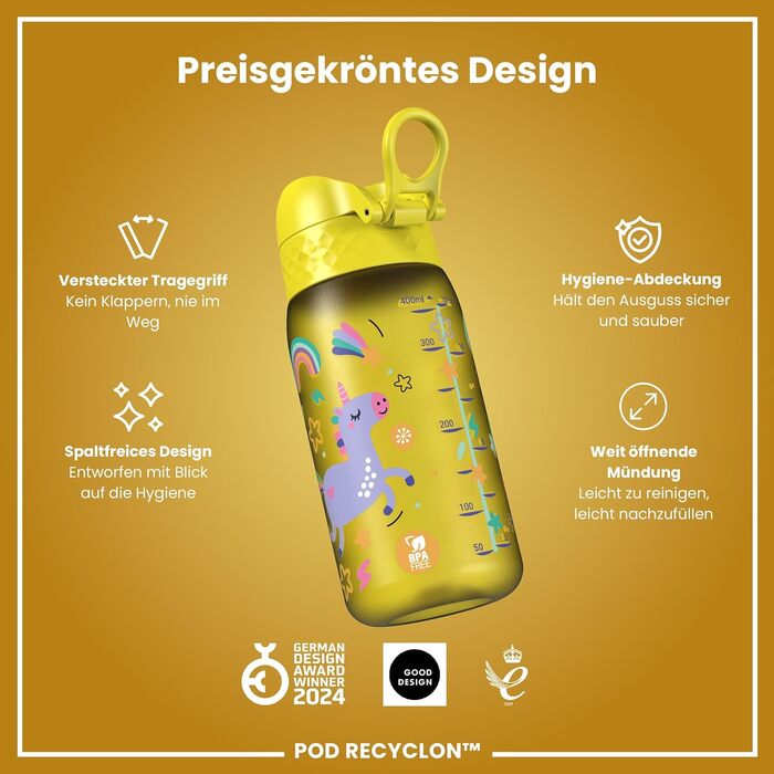 ion8 Insulated Stainless Steel Drinking Bottle 320 ml Leak-Proof One-Handed Opening Secure Locking Dishwasher-Safe Flip-Top Lid Carrying Handle Easy to Clean, Durable, Unicorn (Evo, Recyclon, Yellow)