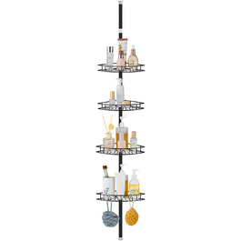 Hoomtaook Telescopic Shower Shelf, Shower Caddy Without Drilling Corner Stainless Steel Corner Shelf with 4 Shower Baskets, Telescopic Bathroom Shelf Height Adjustable 85-325cm for Bathroom and Kitchen, Black