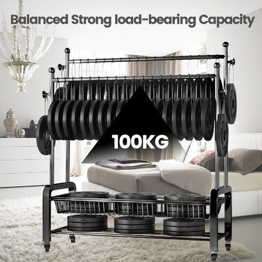 Стійка для одягу на колесах, чорна, з двома перекладинами, подвійне зберігання