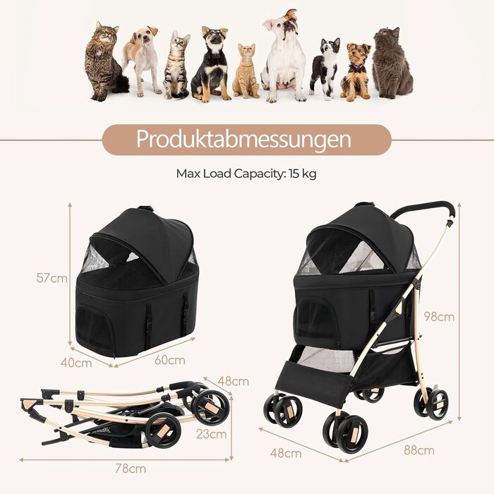 Візок для собак GOPLUS 3 в 1, візок-переноска для собак знімний, регульований дах, сітчастий вхід на блискавці та кошик, візок для домашніх тварин для маленьких/середніх собак та котів (Чорний)